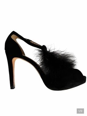 Talbots "Elana" Black Suede T--Strap Heel with Marabou Feather Detail 6.5